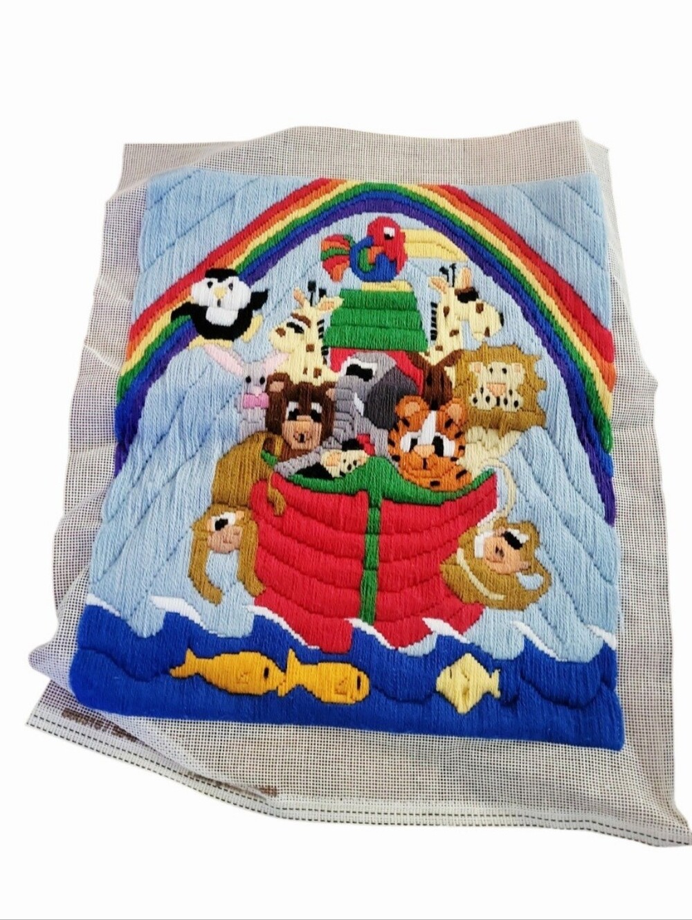 Vintage 80'S Noah's Arc Crewel Fiber Art Unframed Art